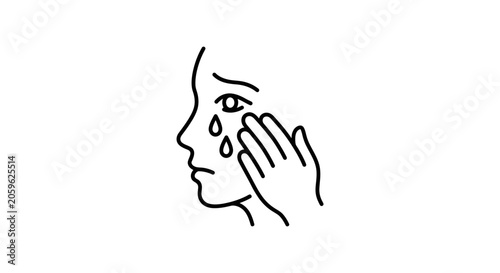 Schilderij op canvas Line art illustration of a person crying and wiping away tears.