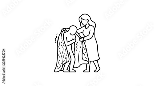 Quadro su tela A woman gently wrapping a blanket around a shivering person in a line art illustration
