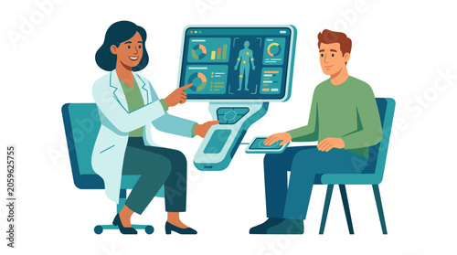 Doctor reviewing body scan results with a patient on display diagnosis healthcare consultation physician