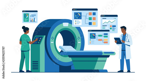 Medical staff operating mri machine for diagnostic imaging with healthcare diagnostic technology hospital
