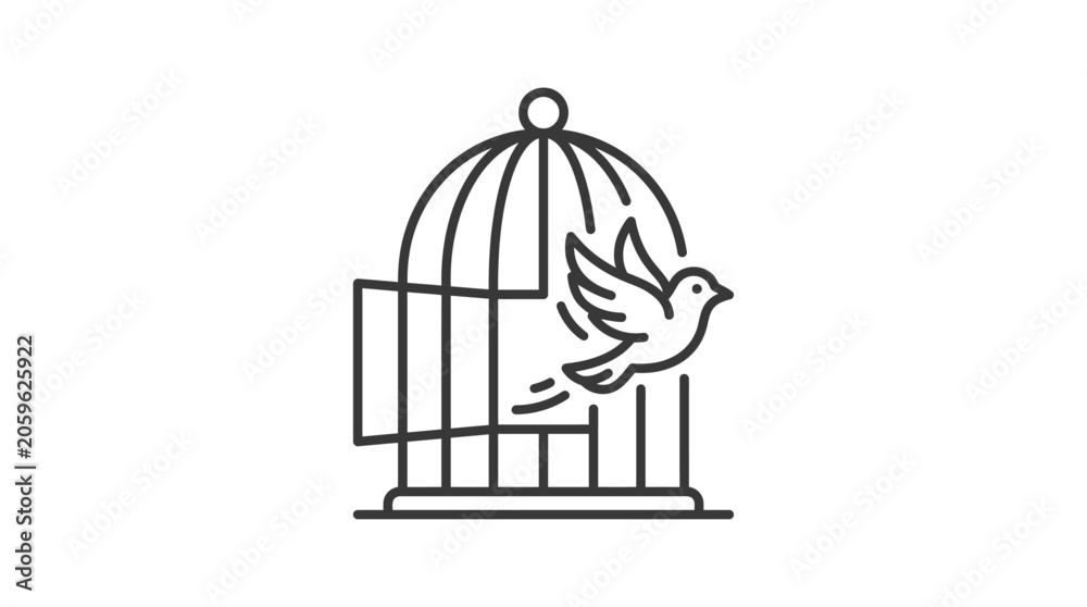 Εκτύπωση καμβά A minimalist line art illustration of a bird escaping from an open cage