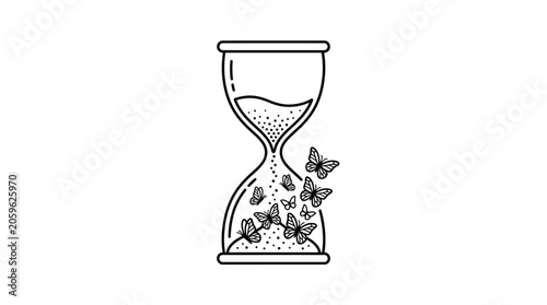 Foto A black and white line art illustration of an hourglass with butterflies inside