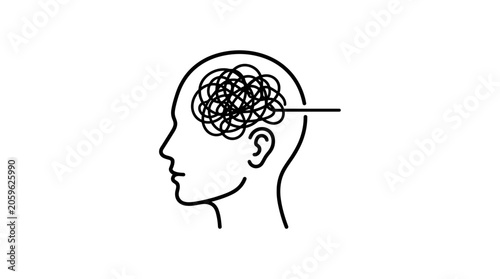 Foto A minimalist line art illustration of a human head profile with a tangled scribble representing a complex mind