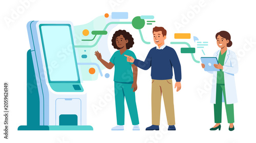 Medical professionals collaborating on digital healthcare data interface with healthcare, technology