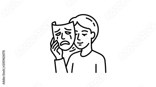 Foto A line art illustration of a person holding a sad mask in front of their face