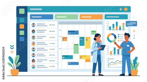Medical professional using digital scheduling and patient data dashboard with dashboard, scheduling