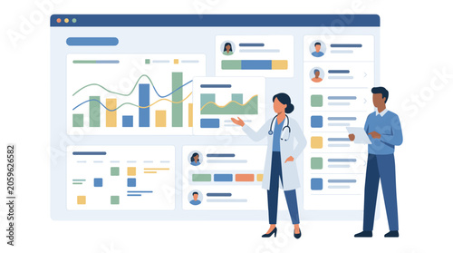 Medical specialist explaining healthcare analytics and patient reports with healthcare analytics hospital