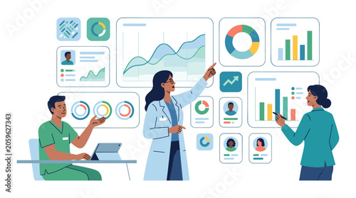 Medical professionals analyzing patient data trends on digital interactive dashboard display with analytics