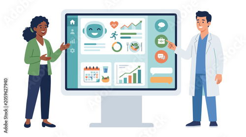 Medical researchers using digital health monitoring system with research healthcare monitoring technology