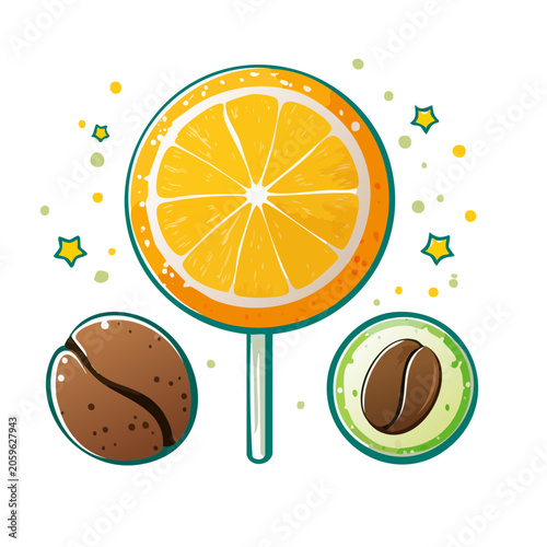 Flat design orange slice lollipop with coffee beans