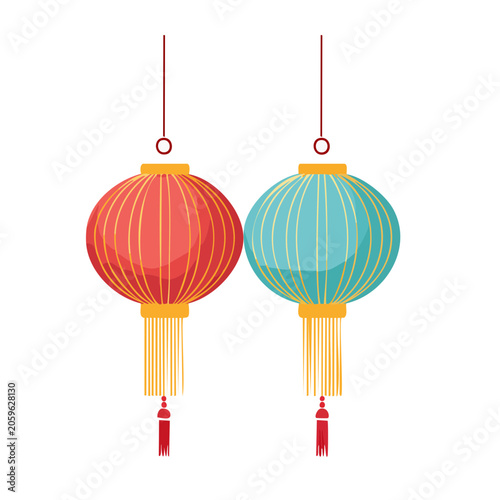 Two colorful hanging paper lanterns illustration
