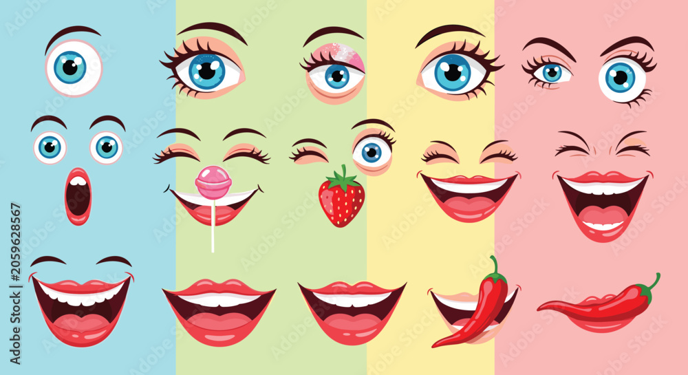 Obraz premium Funny cartoon faces with diverse eyes, mouths, and expressions are shown on colorful backgrounds, including accessories like fruit and candy treats.