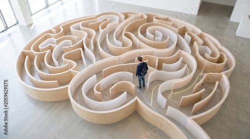Human figure inside maze shaped like brain symbolizing mind complexity and decision-making pathways on light background.