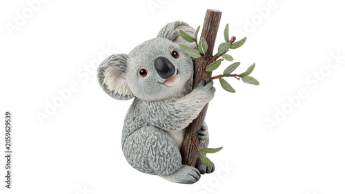 Photography Small cute stone sculpture koala climbing on a green branch isolated on transpar