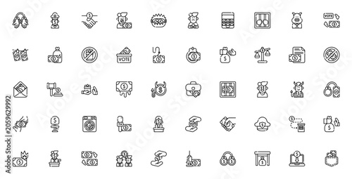 Corruption related icon set. Minimal linear icons. Includes symbols for bribery, money laundering, arrest, prison, judge, politician, handcuffs, cop, votes, and more. Editable stroke.