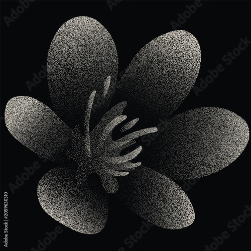 Monochrome Stippled Flower Illustration on Black Background