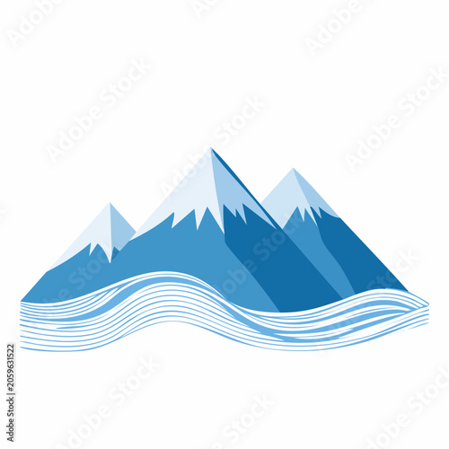 Stylized Blue Mountains with Snow Caps and Wavy Lines