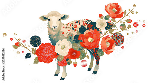 2027年の未年を祝う羊の年賀状イラスト、干支、新年、正月、賀正、迎春、年始挨拶、和柄、和風、縁起物、かわいい、愛らしい、親しみやすい、手描き、シンプル、ポップ、背景、フレーム、はがき、グリーティングカード、テンプレート、コピースペース、年賀素材、正月素材、挿絵、広告、バナー、表紙、祝い、福、日本文化、やわらかい印象、親子向け、冬の便り、装飾、祝意、和の雰囲気、晴れやか、商用利用可、印刷向け、上品