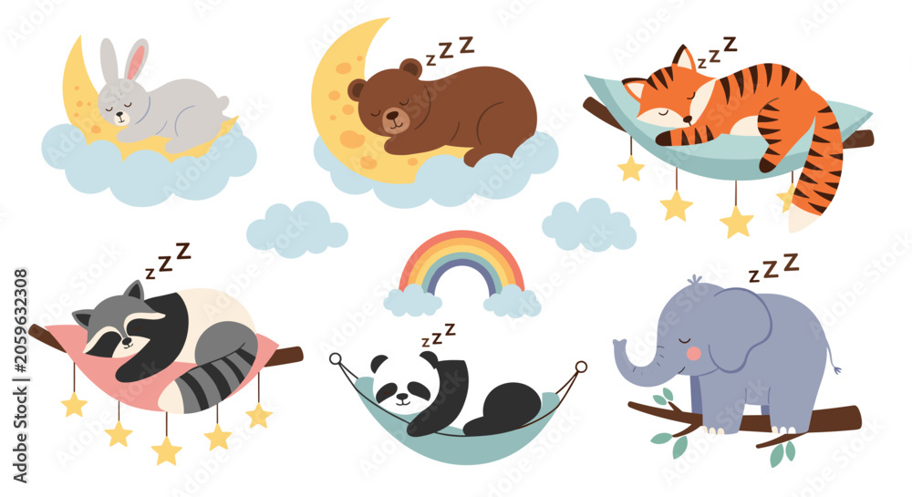 Obraz premium Adorable set of sleeping animals including a panda, raccoon, and elephant rest on moons, clouds, and hammocks under a colorful rainbow.