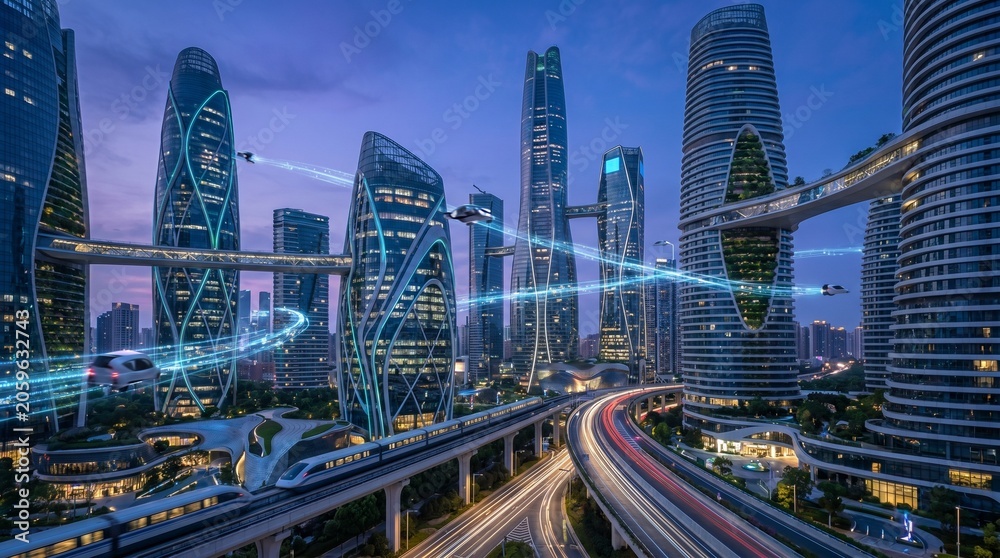 Obraz premium Futuristic cityscape at dusk with highway and skyscrapers