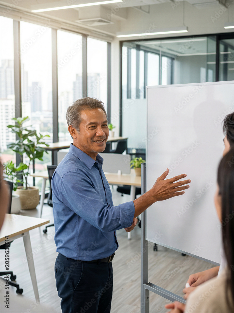 Fototapeta premium Middle aged businessman presenting at whiteboard in modern office