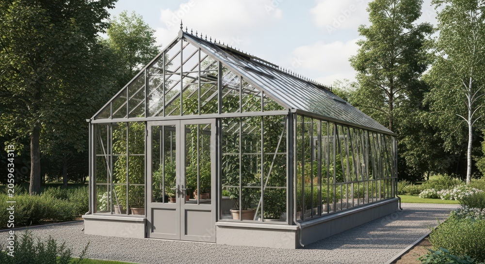 Obraz premium Modern glass greenhouse in a lush garden setting with gravel path and surrounding trees