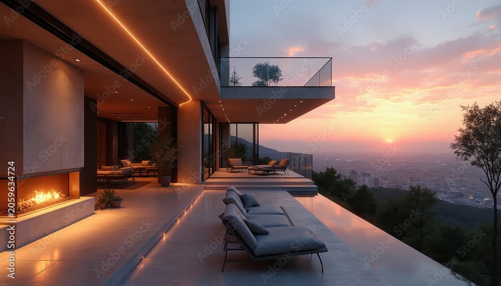 Fototapeta premium Modern luxury home exterior at sunset with city view. Infinity pool lounge chairs near fire pit. Sleek architecture with glass balcony overlooks valley.