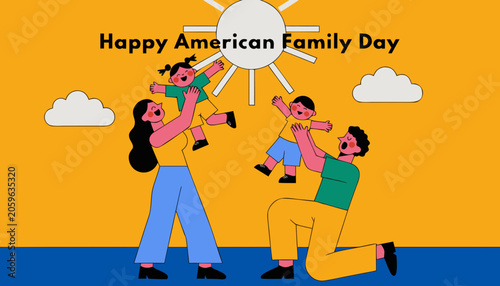 American Family Day, happy family illustration, vector family icons, sunny day graphics