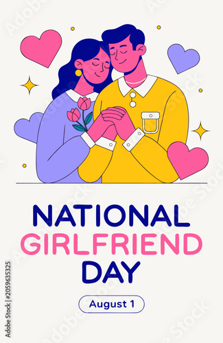 National Girlfriend Day, August 1, cartoon couple, love, heart, romantic icons, vector illustration