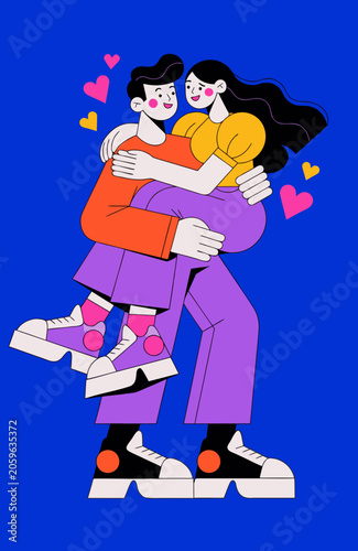 Loving couple hug, romantic illustration, heart symbols, colorful vector graphic