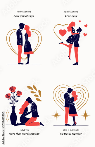 Vector Valentine's Day, love icons, romantic couples, heart symbols, illustrations set