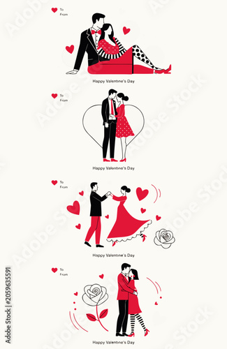 Valentine's Day, romantic couples, love icons, red heart graphics, vector illustrations