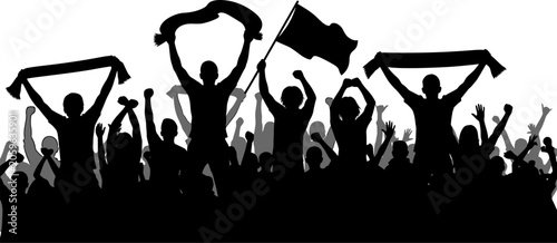 Silhouette of a cheering crowd with raised arms and flags