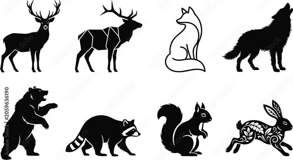 Fototapeta premium Wild animal silhouette collection, deer, elk, fox, wolf, bear, raccoon, squirrel, rabbit, wildlife vector illustration