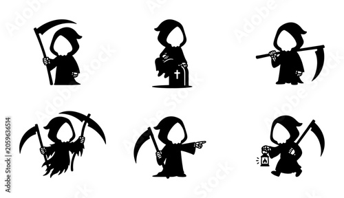 Foto Grim Reaper Icon Set: Silhouette Death Figures with Scythes, Lantern, Tombstone,