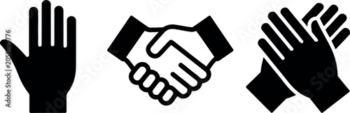 Three black handshake icons showing giving, greeting, and receiving gestures
