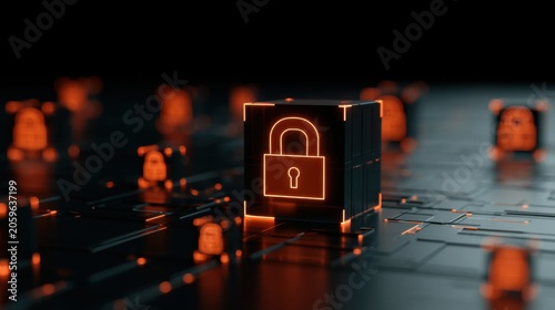 Cyber security concept with glowing digital padlock on futuristic processor board