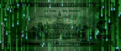 Digital Currency Concept with One Hundred Dollar Bill made from Animated Numbers and Symbols. Blockchain Finance Wallpaper.