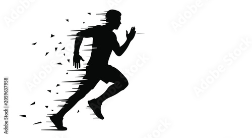 Dynamic silhouette of a runner dissolving into particles, symbolizing speed and energy.