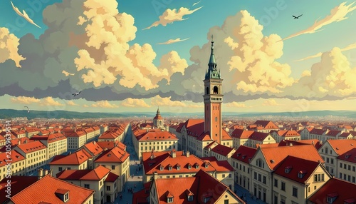 Stunning Anime-Style Illustration of a Picturesque European City with Red-Tiled Roofs and a Majestic Bell Tower Under a Bright Summer Sky with Fluffy Clouds
