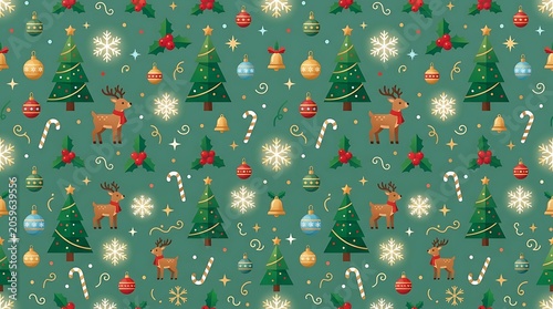 Christmas deer run around green trees with ornaments and snowflakes