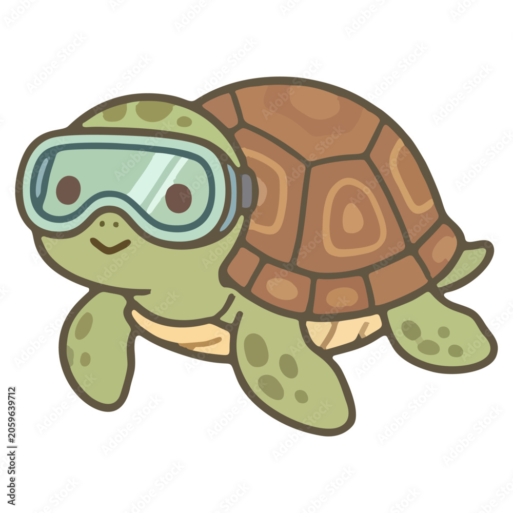 Obraz premium Cute Sea Turtle Wearing Snorkel Goggles Cartoon Illustration