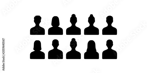 Silhouettes of Ten People with Different Hairstyles in Two Rows Featuring Black, Vector, Graphic with Illustration and Diverse Elements for Group