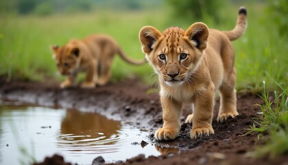 Two lion cubs stand near muddy waterhole. One cub looks ahead with curious eyes. Another cub explores background greenery. Wild animals on savanna. Nature, wildlife scene.