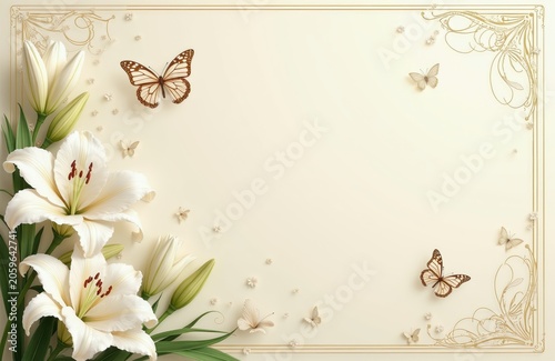 White lilies and butterflies on cream background. Elegant floral design for wedding invitations or greeting cards. Delicate art for special occasions with ornamental border.