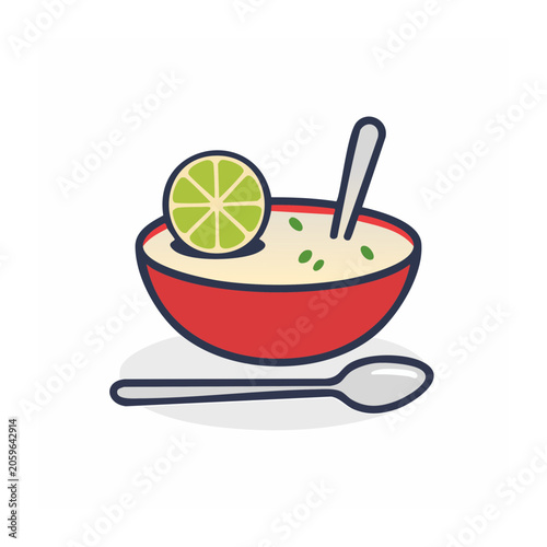 Red bowl of soup with lime slice and spoon illustration