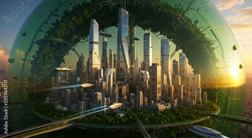 Futuristic Eco-Metropolis Under a Verdant Dome Bathed in Golden Sunrise Light.