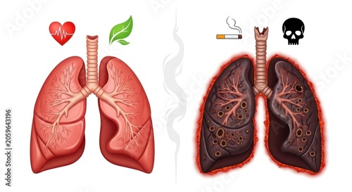 A Stark Contrast - Healthy Pink Lungs vs. Blackened Smokers Lungs with Health and Death Icons.