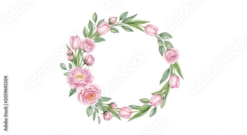 Elegant Watercolor Wreath of Soft Pink Peonies, Tulips, and Sage Greenery on White.