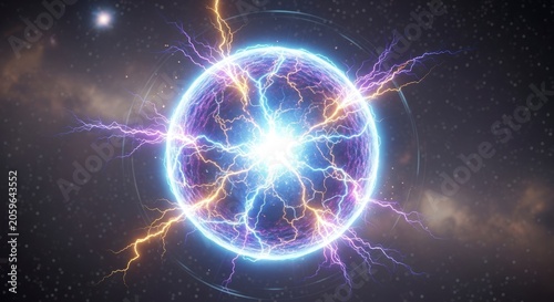 Luminous Plasma Orb Crackling with Blue and Gold Lightning in a Starry Nebula.